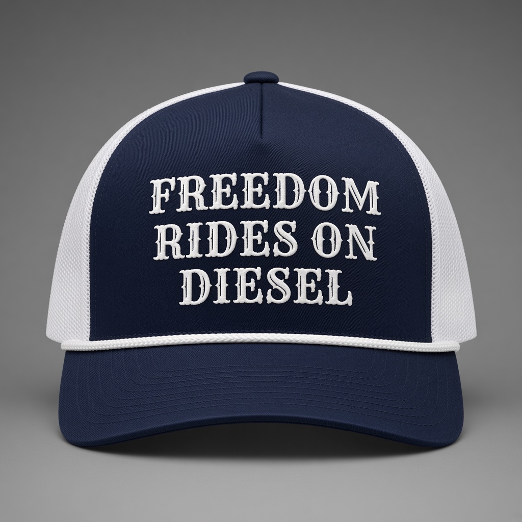 Freedom Rides On Diesel hat, roped trucker, Navy/White