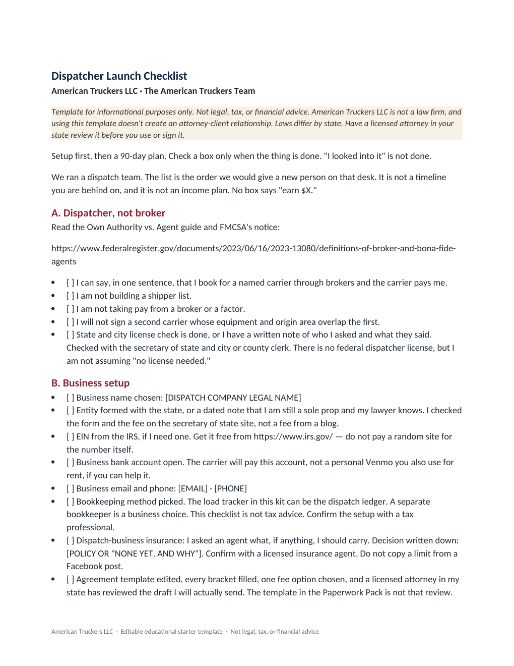 Dispatcher Day-1 Pack checklist page